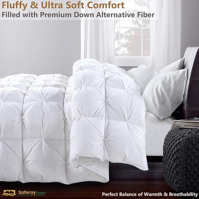 Full Size Down Alternative Comforter 82x86 Inch White – 500 GSM Ultra Soft Breathable, Luxury Pintuck Pinch Pleat, All Season Duvet Insert with Corner Tabs, Machine Washable