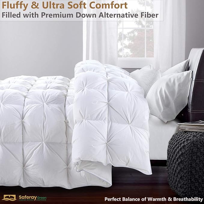 Over King Plus Down Alternative Comforter 128x120 Inch White – 500 GSM Ultra Soft Breathable, Luxury Pintuck Pinch Pleat, All Season Duvet Insert with Corner Tabs, Machine Washable