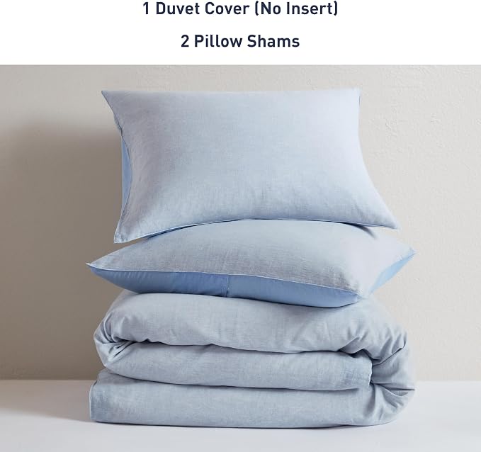 Hyde Lane Linen Duvet Cover Set Queen Size, 3Pcs Textured French Flax Linen Cotton Blend Bedding Set, Natural and Organic, Soft and Breathable, with 2 Pillow Shams, 90"x90", Blue