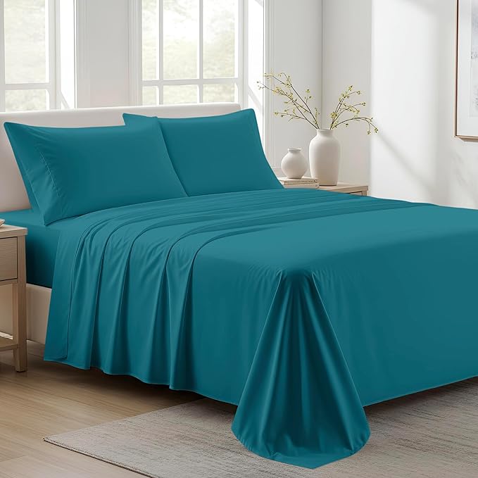 100% Organic Cotton Sheets King Size - Organic Cotton King Size Percale Weave Sheet Set (4 PC, Teal), Soft, Cooling, Crisp & Breathable, 16" Deep Pocket Hotel Quality Bedding Set