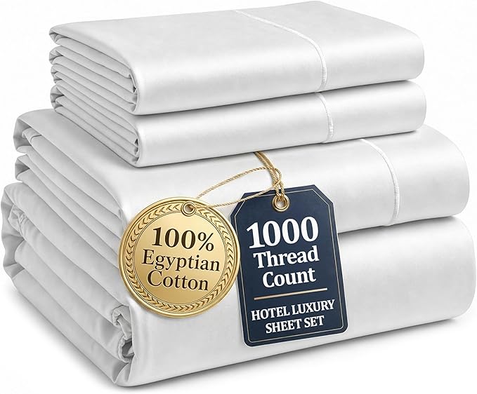 100% Egyptian Cotton Sheets King Size - 1000 Thread Count Silky Sateen King Size Sheets Set, Naturally Cooling & Breathable, Ultra-Soft Hotel Luxury Sheets with 15" Snug Fit Deep Pockets - White