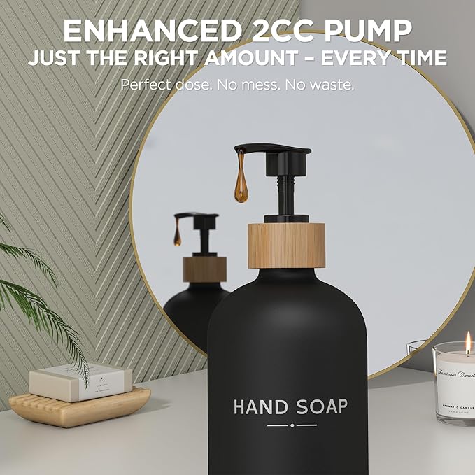 Hand and Dish Soap Dispenser Set,16oz Glass Bottles with Bamboo Pumps & Tray,Countertop Soap Dispensers for Kitchen,Luxury, Minimalist & Farmhouse Decor