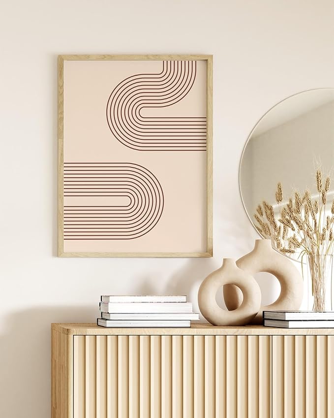Abstract Double Wavy Arch Wall Art Minimalist S-Shape Lines Earth Tones Terracotta Brown 12x16 Inch Oak Wood Beige Framed Boho Geometric Print for Modern Living Room Decor
