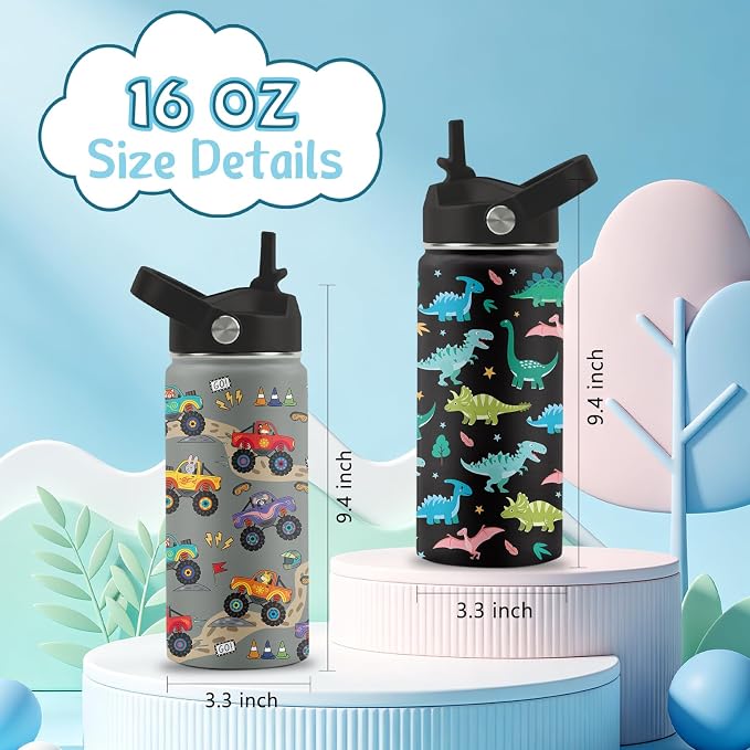16 oz Water Bottle with Straw Lid, 2 Pack Set, Truck Dinosaur Gifts for Boys Girls, Stainless Steel Insulated Water Bottles for School Travel Outdoor Sports, Truck Dinosaur Cup Birthday Gifts