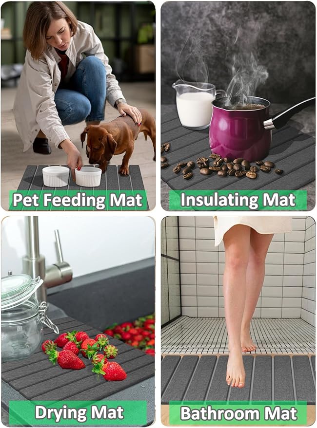 Large Stone Dish Drying Mat for Kitchen Counter, 24x16 Inches Foldable Food-grade Material Super Absorbent Diatomaceous Earth Mats with Self-drying for Dishes Sink Bathtub, Dark Grey