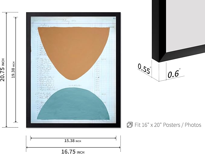 Monem Art Abstract Ledger Paper Geometric Print - Modernist Organic Shapes Art Poster - Wall Decor for Office, Living Room or Studio - 16x20 Black Framed Wall Art by Renee Stramel