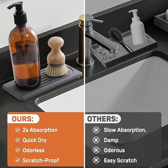 2 PCS Water Absorbing Stone Tray, Quick Drying Diatomite Sink Tray, Non-Slip Drying Mat for Bathroom Vanity & Kitchen Counter, Soap Dispenser Sponge Holder Organizer, White 8.3x4 Inch (Black)