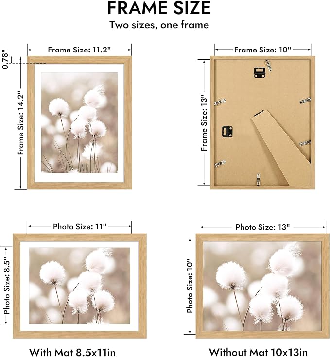 Hongkee 10x13 Oak Wood Picture Frame 1 Pack(Matted 8.5x11) Real Glass Cover | Natural, 10 x 13 Solid Wood Frame for Wall or Tabletop Display - Includes Easel Back, Vertical Hang - Ideal for Home, Office