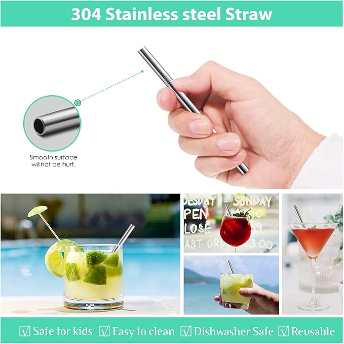 Teivio 12 Pack + Cleaning Brush, 5-inch Extra Short Reusable Stainless Steel Drink Straws for Cocktails, Small Glasses or Cups (Silver)