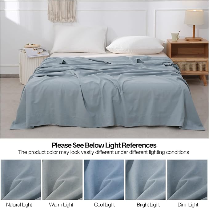 BISELINA Linen Sheet French Flax Flat Sheet Only 55% Euro Linen 45% Cotton Basic Style Solid Color Soft Breathable Farmhouse Top Sheet 1-Piece (Queen, Dusty Blue)