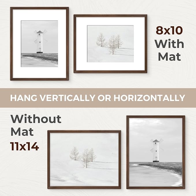 11x14 Picture Frame with Mat for 8x10, USA-Sourced Natural Walnut Wood Handcrafted Rounded Corner with HD Tempered Glass, 11 x 14 Photo Frames Gallery Wall & Tabletop, Vertical or Horizontal Display