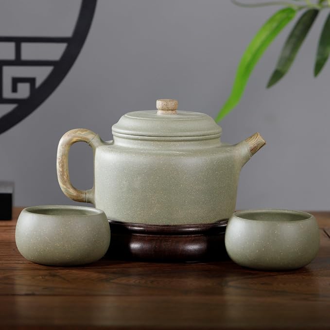 Zisha Hu 10.5 Oz,Genuine Yixing Cyan Clay Teapot with 2 Cups, Chinese Craftsman Handmade Infurse Kung Fu Tea Pot Set -Dezhong