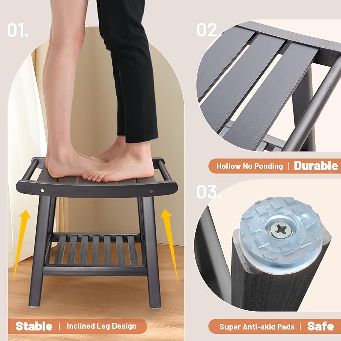 LEJANEOYE Bamboo Shower Bench Stool, Shower Chair for Inside Shower with 2-Tier Storage Shelf, Waterproof Shower Seat for Shaving Legs, Spa Bathroom Shower Bench-Grey