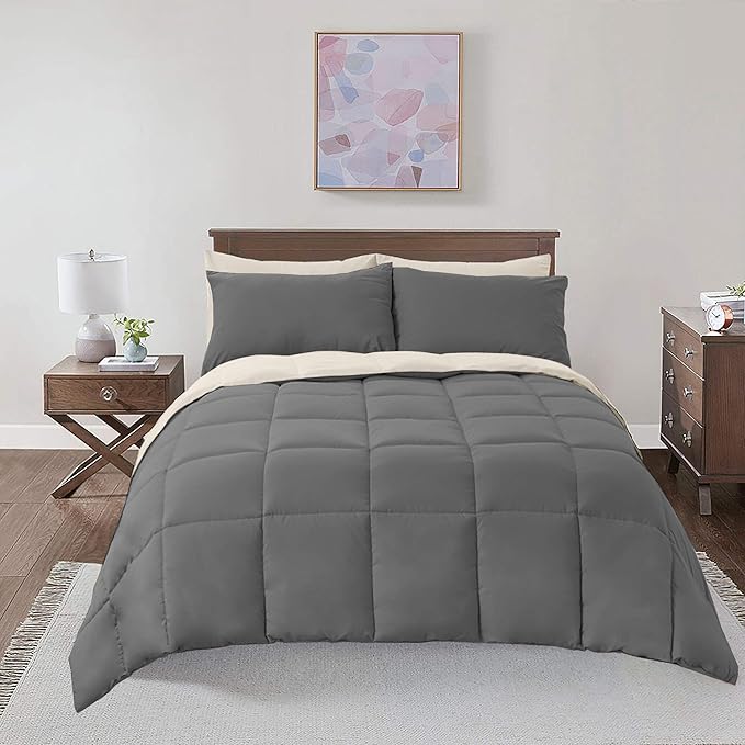 Royal Hotel Bedding Soft and Plush Down Alternative Comforter - Reversible with 2 Colors Duvet Insert Comforter - Hypoallergenic Hotel Plush Down-Alternative - Queen, Ivory Cream and Charcoal