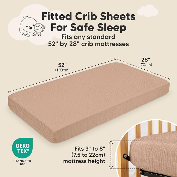 KeaBabies 2-Pack Muslin Crib Sheets for Boys, Girls - 100% Organic Cotton Fitted Baby Crib Mattress Sheet, Soft Breathable Standard Toddler Bed Cover Bedding Set, Neutral, Durable 52x28 (Almond)