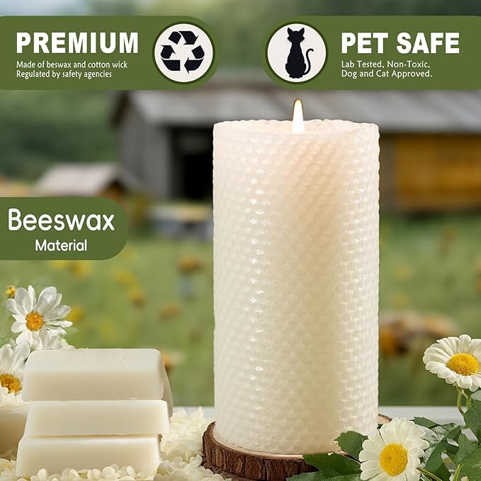 4 Pack Beeswax Pillar Candles, 2.8x6 Inch 180 Hours Hand-Rolled White Large Beeswax Candles, Handmade Pure Bees Wax Honeycomb Bees Wax Candle for Prayer, Unscented Candles (2.8x6 in)