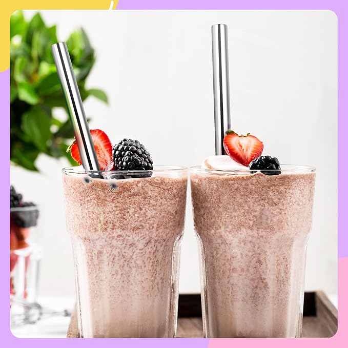 NiHome 4-Pack Stainless Steel Straws for Boba, Smoothie, 10.4” Metal Straws | 0.4'' Wide Metal Reusable Straws, 2 Bent & 2 Straight Long Drinking Straw for Bubble Tea, Milkshake Juice, 1 Brush, Silver