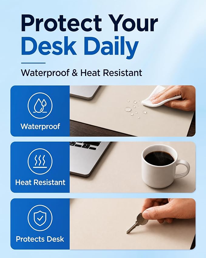 Aothia Dual-Sided Desk Mat, FSC Cork & PU Leather Desk Pad, Large Mouse Pad & Writing Surface for Multi-Device Workspace, Non-Slip Waterproof Desk Protector - 37.8" x 17", Cream