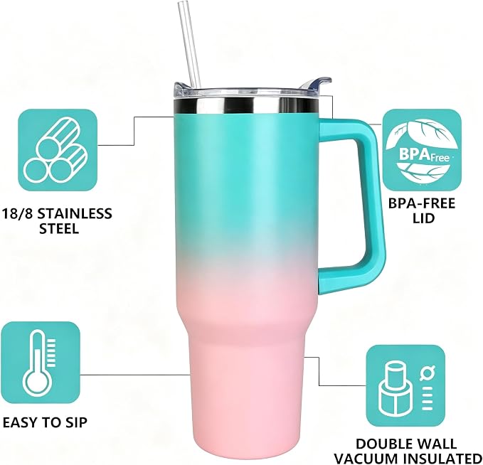SYACOT 40 oz Tumbler with Handle and Straw Stainless Steel Insulated Tumbler Leak Proof Lid and Straw Lid Reusable Travel Mug Coffee Mug Cup Dishwasher Safe Keep Drinks Cold and Hot (Bubble Gum)