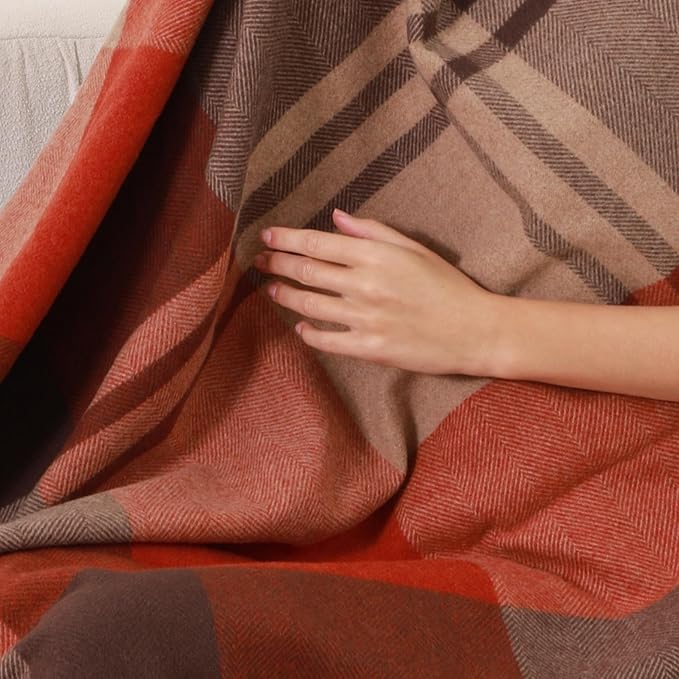 Soft Pure Wool Throw Blanket, Lightweight Warmth, 55"x83", Plaid, Fringe, Compact with Bag, Useful Gift for Women Men, All Season Decorative Cozy Travel Blanket for Couch Bed, Outdoors