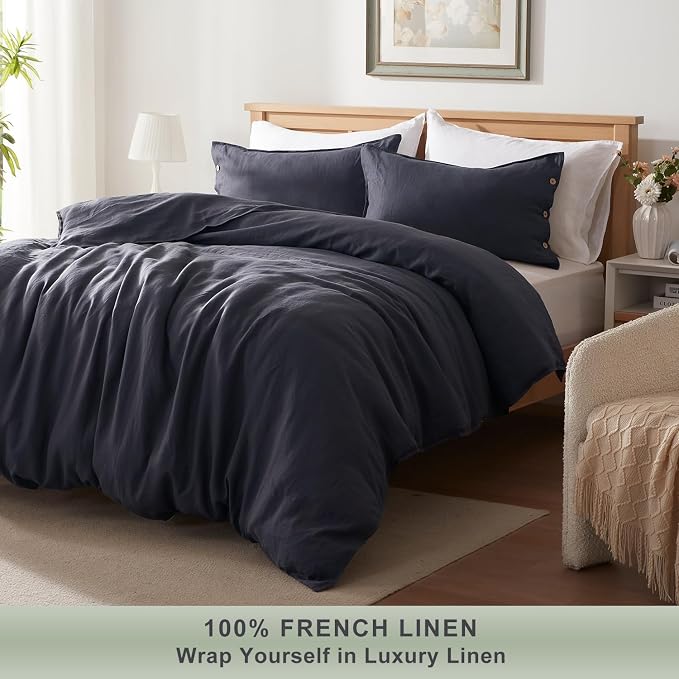 TOSMO 100% Linen Duvet Cover Set with Button Closure, 2 Pieces (1 Duvet Cover with 1 Pillow Case), Soft Breathable Durable Farmhouse Bedding - Twin, Charcoal Grey