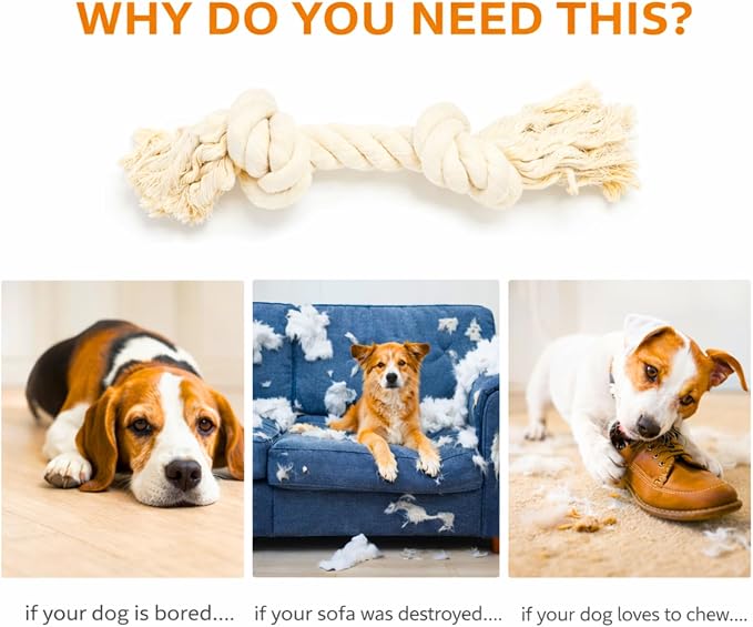 Dog Rope Toy for Aggressive Chewers, Organic Dog Toys, 15 Inch Long X 1-1/8 Inch Thick Indestructible, Heavy Duty Dog Rope Toy (2 Knots)
