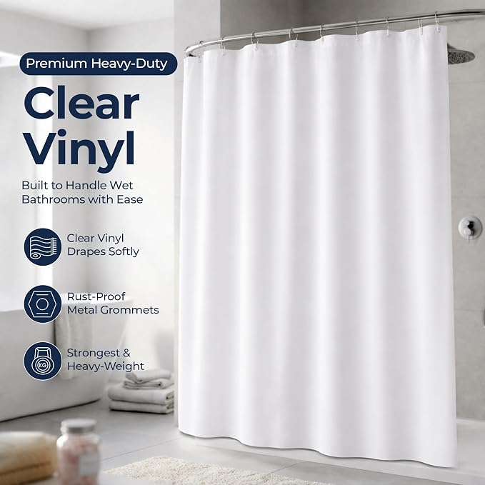 Epica Shower Curtain – Strongest Heavy-Duty Clear Vinyl 72x72 Shower Curtain Liner – Stain & Soap Scum Resistant with Rust-Proof Metal Grommets (White)