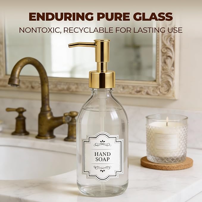 8 oz Clear Glass Pump Bottle, 250ml Small Lotion Dispenser Bottle for Body Massage Oil, Refillable Empty Hand and Dish Soap Dispensers Set with Plastic Golden Pump, Labels - 2 Pack