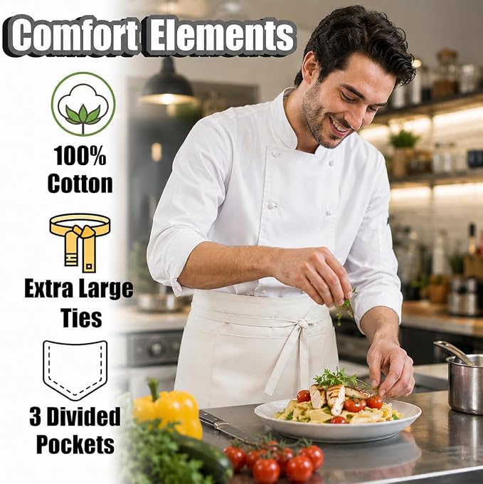 Waist Apron with 3 Pockets Waterdrop Resistant Premium Cotton Waitress Apron 10 Color Option Server Apron Chef Apron (OFF WHITE, PACK OF 1)