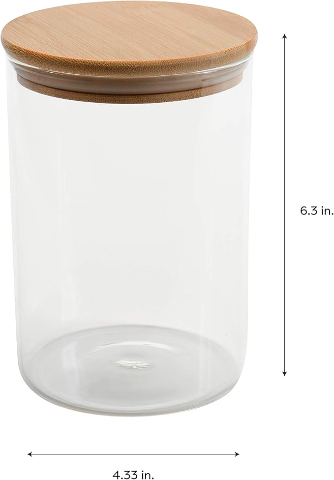 Kitchen Details Round Glass Jar | 1 Liter | Bamboo Airtight Seal Lid | Wide Mouth | Food Storage Canister | Tea or Coffee | Spices | Flour | Sugar | Clear