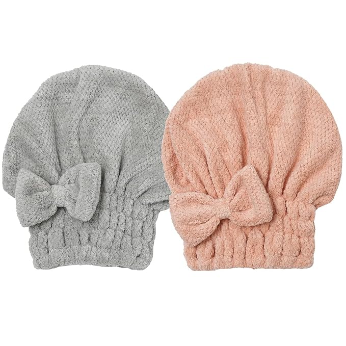 M-bestl Microfiber Hair Towel, Hair Towel Cap,Absorbent Hair Turban Towel,Hair Drying Towel to Dry Curly or Straight Short Hair Quickly(Pink&Gray)