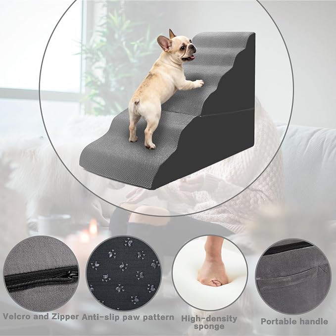 Dog Stairs for High Beds 30-36 inches Tall, 6-Step Dog Steps for Bed 32-36 inches for Small Large Dogs, Doggie Ramp for Bed, 30D Foam Pet Stairs for Old Dogs/Cats, Free-Installation, Grey