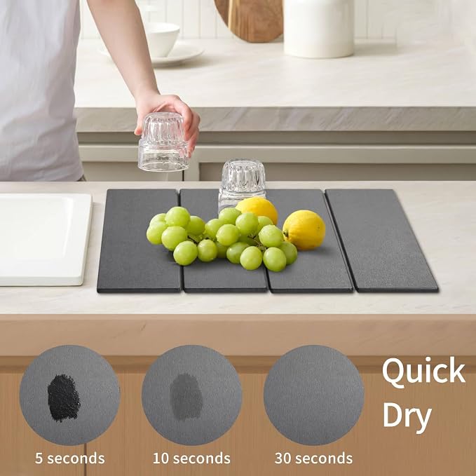 Stone Dish Drying Mat - Large Foldable Marbled Quick Drying Dish Mats, Stone Coasters Set of 4 Collapsible Ultra Absorbent Diatomaceous Earth Mats for Kitchen Counter Bathroom (Grey-4Pcs)