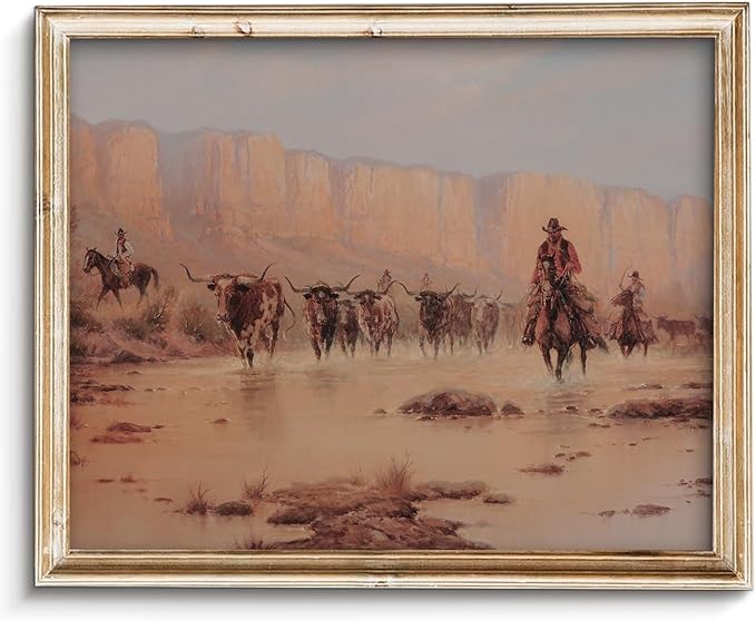 Vodefoad Vintage Cowboy Oil Painting Rustic Western Scenery Cowboy Wall Art Prints Farmhouse Country Life Western Horse Rider Wall Decor for Bar, Garage Man Cave, Home, Southwestern Theme Decorations - 8x10Inch Unframe