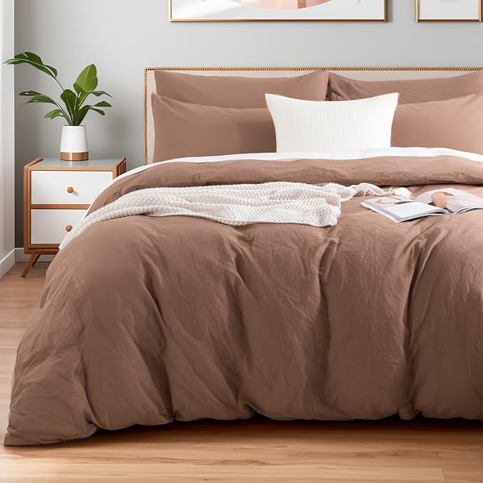 NEXHOME PRO Duvet Cover Set 100% Washed Cotton California King 104"x98", Organic Natural Linen Look Textured 3 Pieces Bedding Set Mocha Brown with Zipper Closure,Soft(No Comforter)
