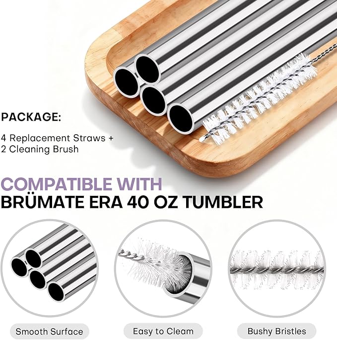 Roliwils 4 Pack Replacement Straws for Brumate Era 40oz Tumbler, Straw Kit with Cleaning Brushes | Reusable Stainless Steel Straw Set | Compatible With Brumate 40oz Tumblers
