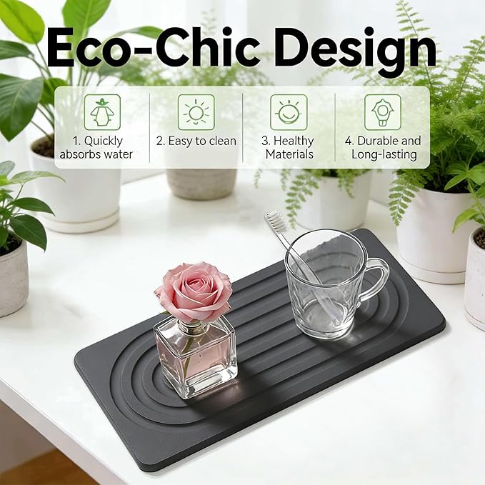 2 PCS Water Absorbing Diatomite Coasters, Stone Drying Mat for Kitchen Counter, Quick Dry Stone Mat Trays for Bathroom Kitchen Counter, Soap Dish Tray Used for Hand Soaps (Dark Gray, 8.3" x 4")
