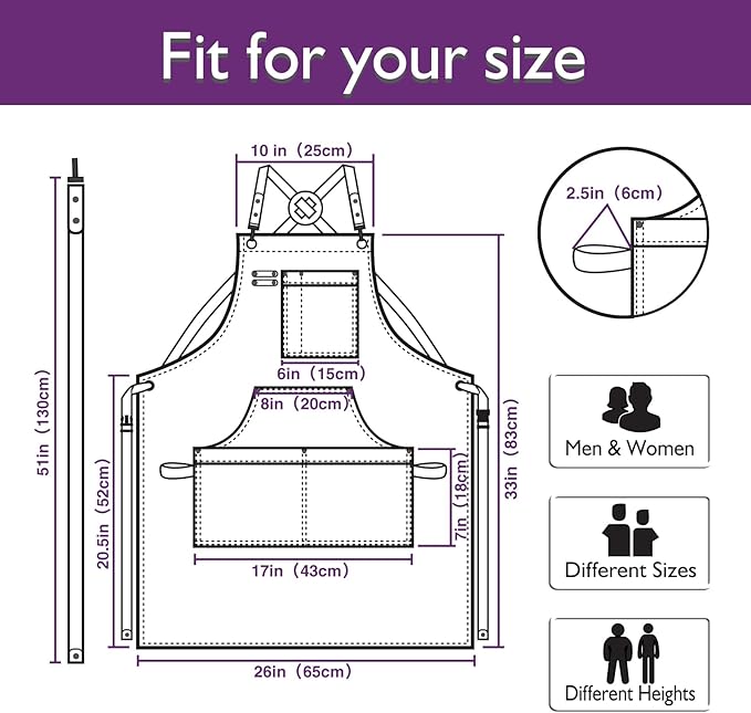 5 Pack Kitchen Apron, Work Apron, Canvas, Multiple Pockets, Gardening, Painting, BBQ, Artist, Carpenter, Sizes M to XXL, Purple