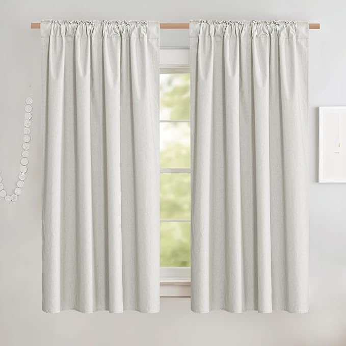 NICETOWN 100% Blackout Linen Curtains with Thermal Insulated White Liner, Ivory, 52" W x 63" L, Set of 2, Burlap Textured Linen Look Privacy Window Treatment for Kitchen, Farmhouse Style