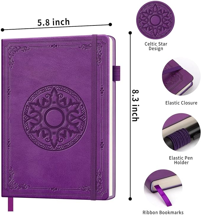Lined Journal Notebook, A5 Leather Vintage Journals for Writing, 256 Pages College Ruled Notepad for Women Men, Vegan Leather Daily Notebook for Work, School, Travel, Note Taking(Celtic Star, Purple)