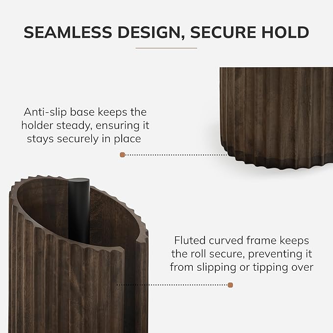 Anji Mountain Wooden Paper Towel Holder Countertop with Mango Wood Round Base and Iron Holder, Holder Stand for Kitchen Roll Organizer & Kitchen Dining Table Home Decor - Chocolate/Black, Fluted