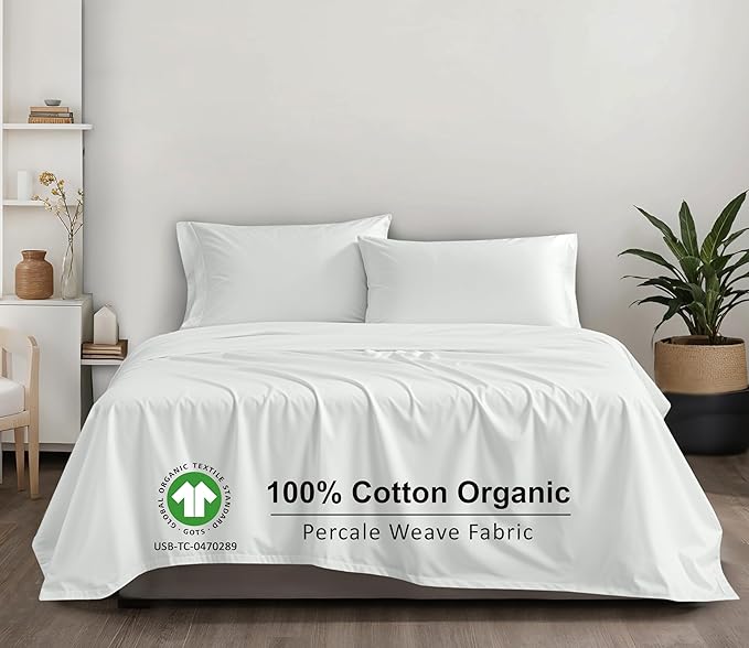 RUVANTI 100% Cotton Organic Percale Sheets Queen Size – Crisp Cooling Bed Sheets for Hot Sleepers, Deep Pocket 15”, Soft Peach Finish, Breathable & Durable Hotel-Style 4 Pcs, Bit of Blue