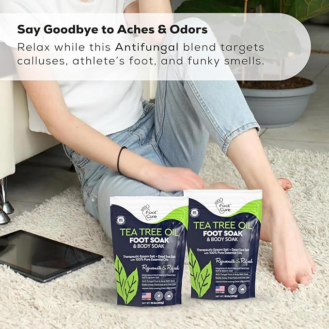 FOOT CURE Tea Tree Oil Foot Soak with Epsom Salt - Best Toenail Fungus Treatment, Athletes Foot & Softens Calluses - Soothes Sore & Tired Feet, Fungal Toe, Foot Odor Scent, Spa Pedicure (Pack of 2)