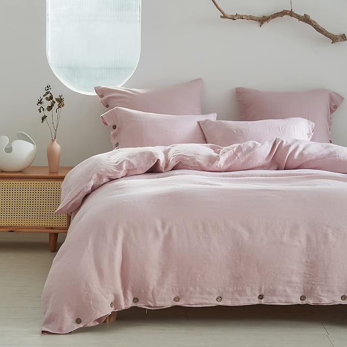 Simple&Opulence 100% Linen Duvet Cover Set 3pcs with Coconut Button Closure Natural French Washed Flax Solid Color Soft Breathable Farmhouse Bedding - Blush Pink, Full Size