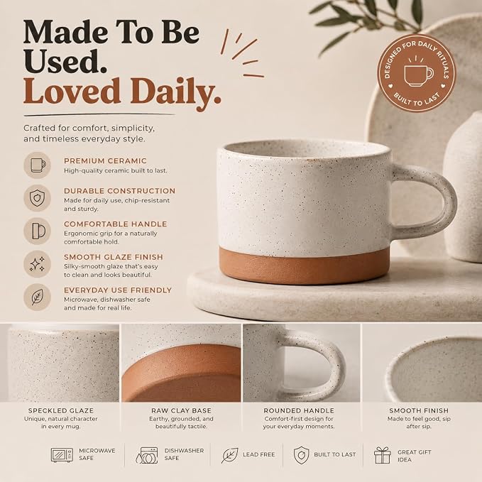 Speckled Ceramic Coffee Mug 5 oz – Minimalist Stoneware Cup with Raw Clay Base, Dishwasher & Microwave Safe – Cozy Gift for Coffee Lovers, Tea, Latte, Cappuccino, Set of 2