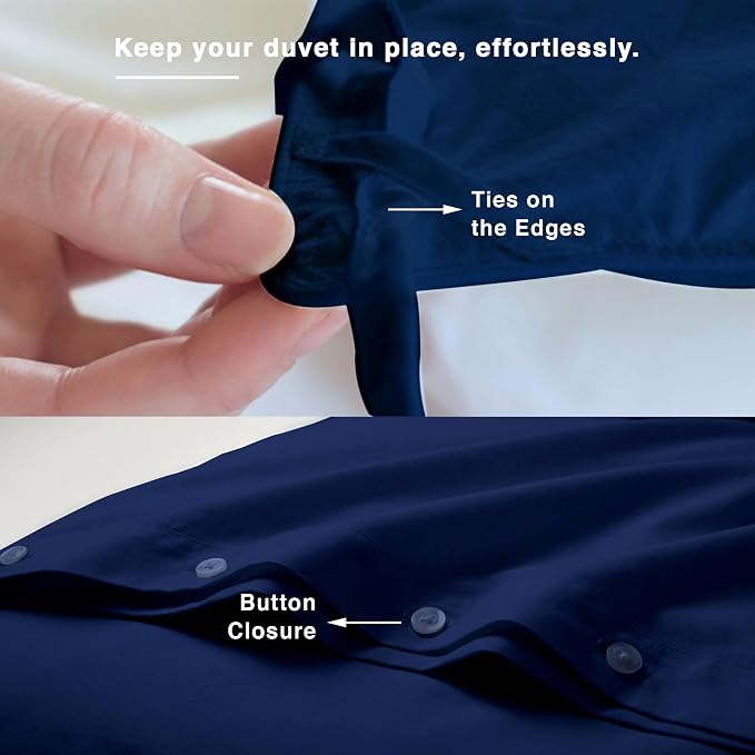 Fabdreams GOTS Certified 100% Organic Cotton Duvet Cover King Size - 400 TC Sateen - Soft - Silky - Button Closure - Edge Ties - 1 Duvet Cover (106"x92")+2 Pillow Shams (20"x36") - Dark Blue
