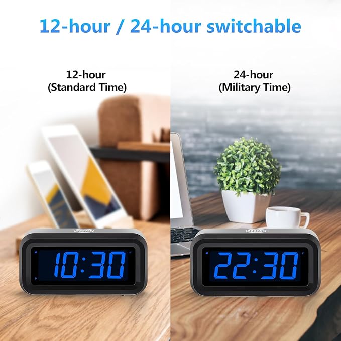 Digital Alarm Clock Battery Operated with LED Display for Bedrooms, Long Battery Life, 3 Brightness Adjustable, 12/24 Hour, Snooze, Black Case with Blue Digits
