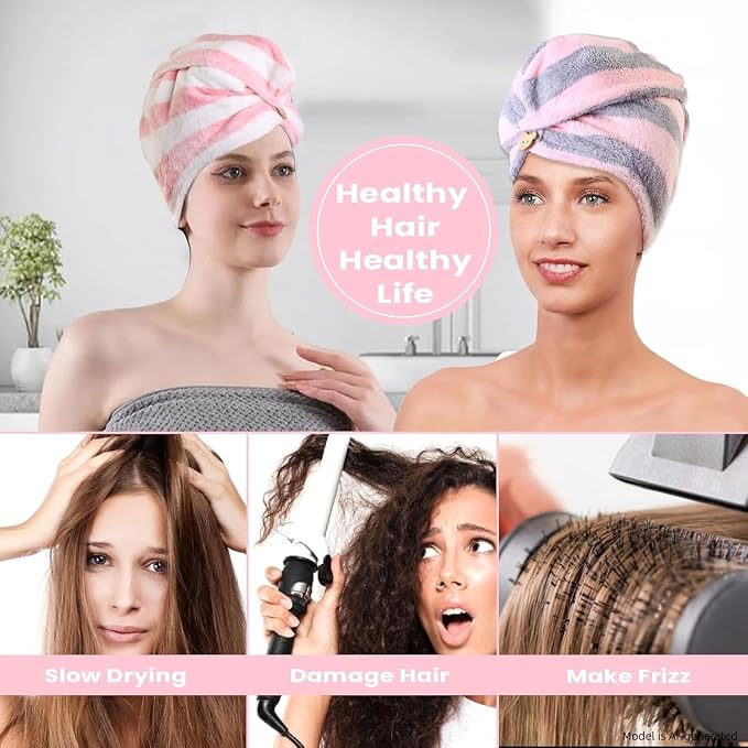 3 Pack Microfiber Hair Towel Wrap for Women, Fast Drying Hair Turban with Button, Anti-Frizz Large Hair Towel for All Hair Styles, Soft & Absorbent Hair Drying Towel