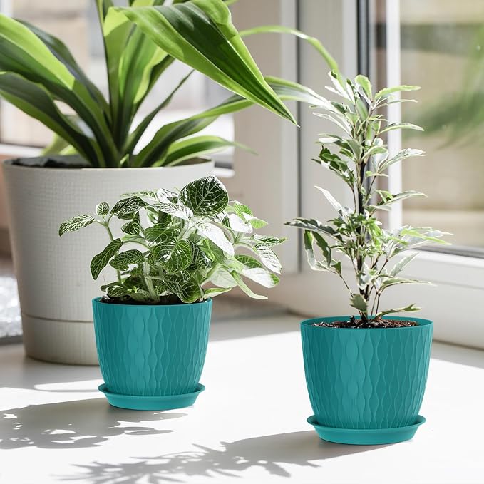 WSMKSZ 7 inch Flower Pots, 5 Pack Plant Pots with Drainage Holes and Saucers for Indoor Plants, Plastic Planters with Water Ripple for Small Garden House Plants, Nursery Pots for Succulent, Blue Green