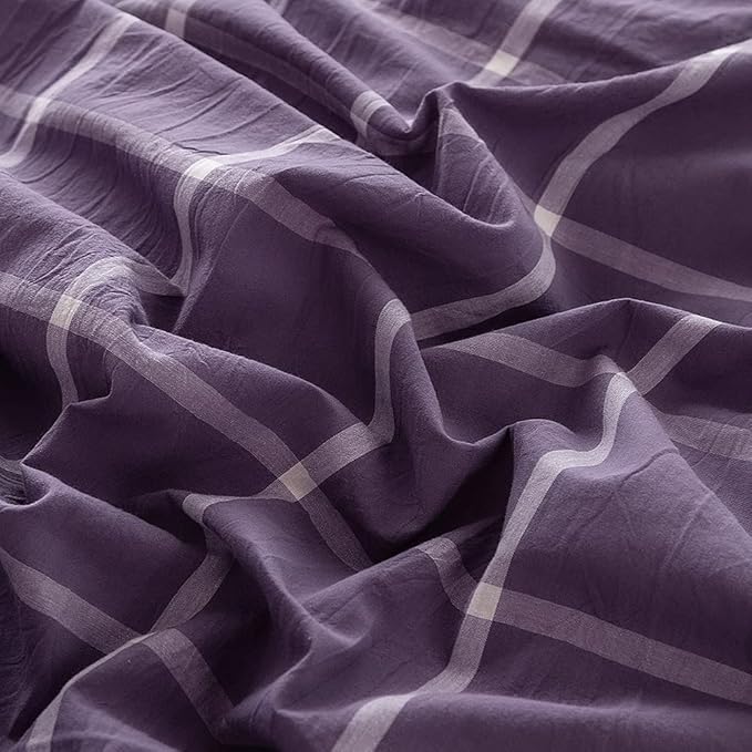 FACE TWO FACE Bedding Duvet Cover Set100% Washed Cotton Duvet Cover Linen Like Textured Breathable Durable Soft Comfy(Full, Purple Grid)